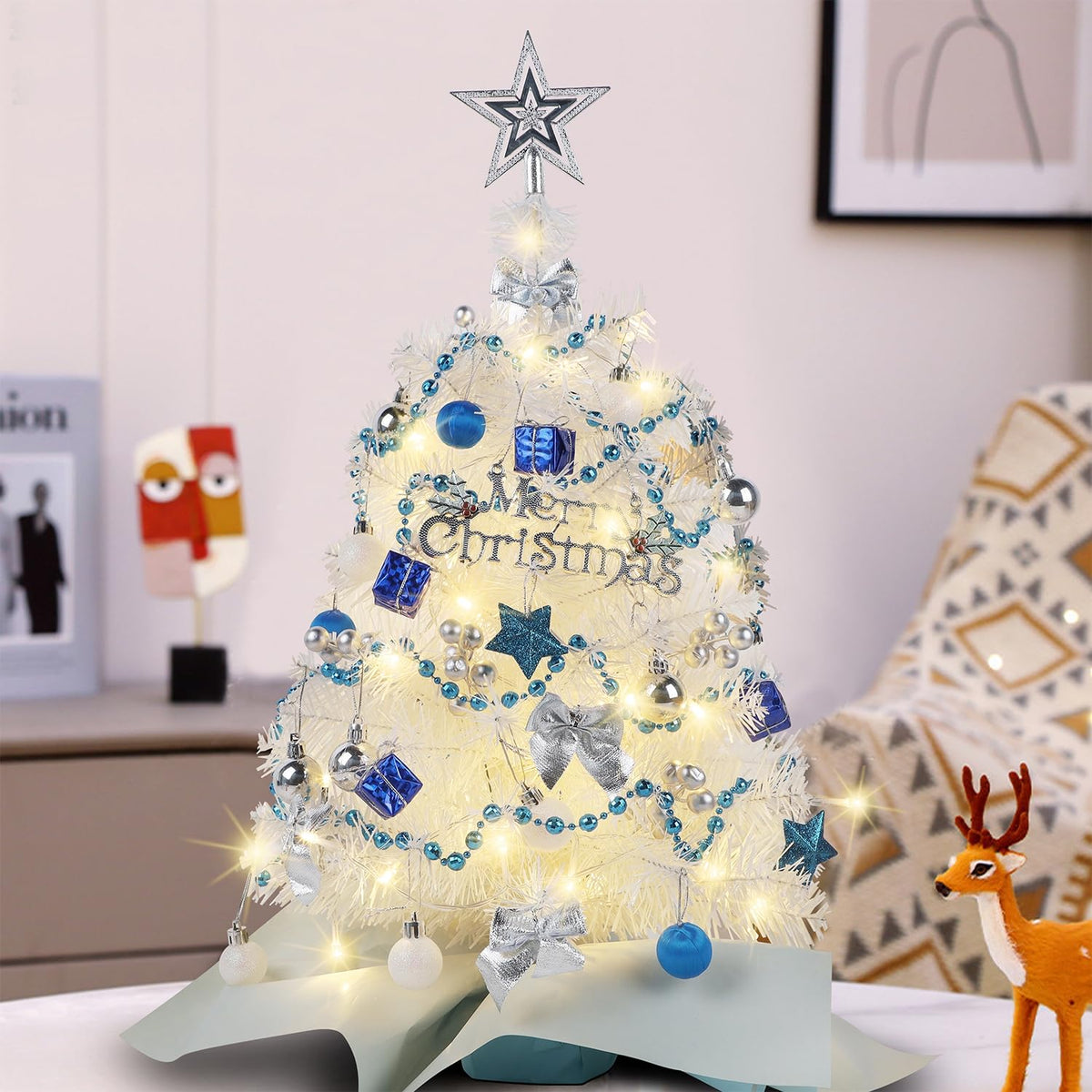 Juegoal 24 Inch Mini Christmas Tree Set, Table Top Artificial Christmas Trees with 50 LED Lights, Ornaments and Red Berries, Best DIY Christmas Decorations