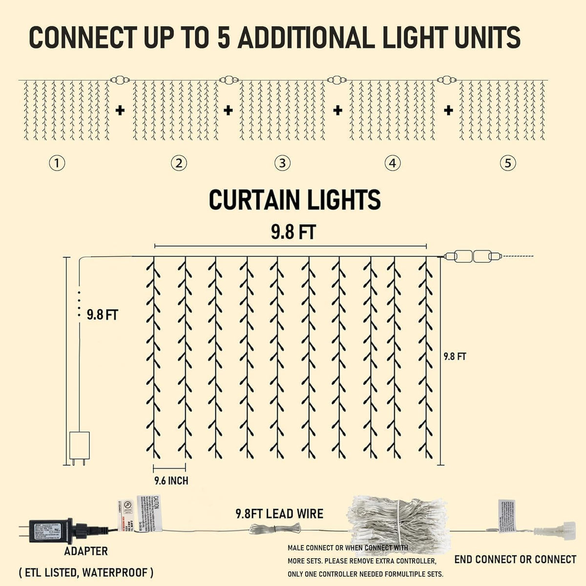 Dazzle Bright 300 LED Curtain Lights, Plug in Fairy Curtain Lights for Bedroom, Christmas Hanging String Lights Outdoor for Window Backdrop Wall Wedding Patio Indoor Dorm Party Decor, Warm White