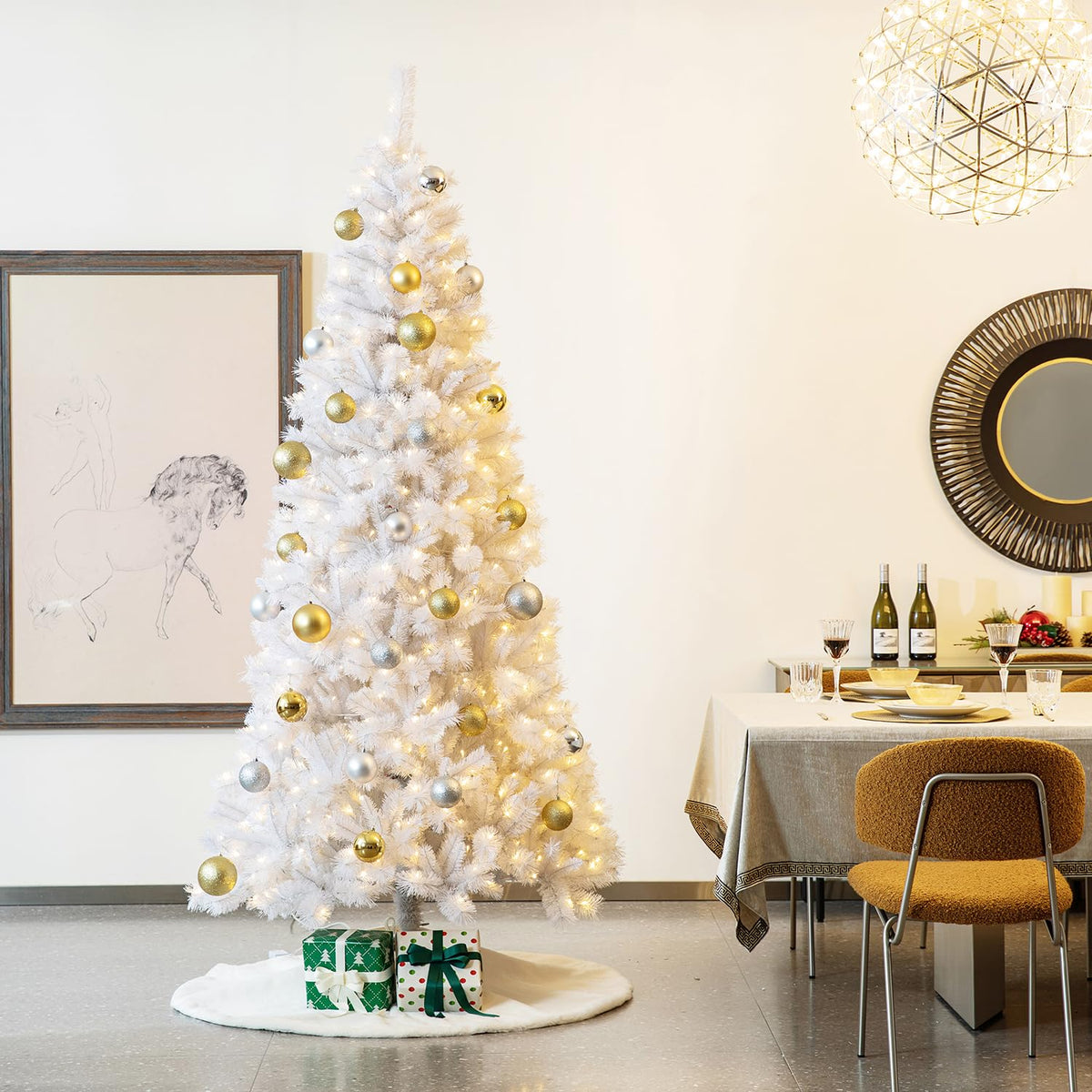 Glitzhome 7.5ft Prelit Christmas Tree, Artificial Christmas Tree with 350 Warm White Lights, Flocked Pencil Christmas Trees Chicago Frostwood Spruce with 1,211 PE&PVC Branch Tips,Sturdy Metal Stand