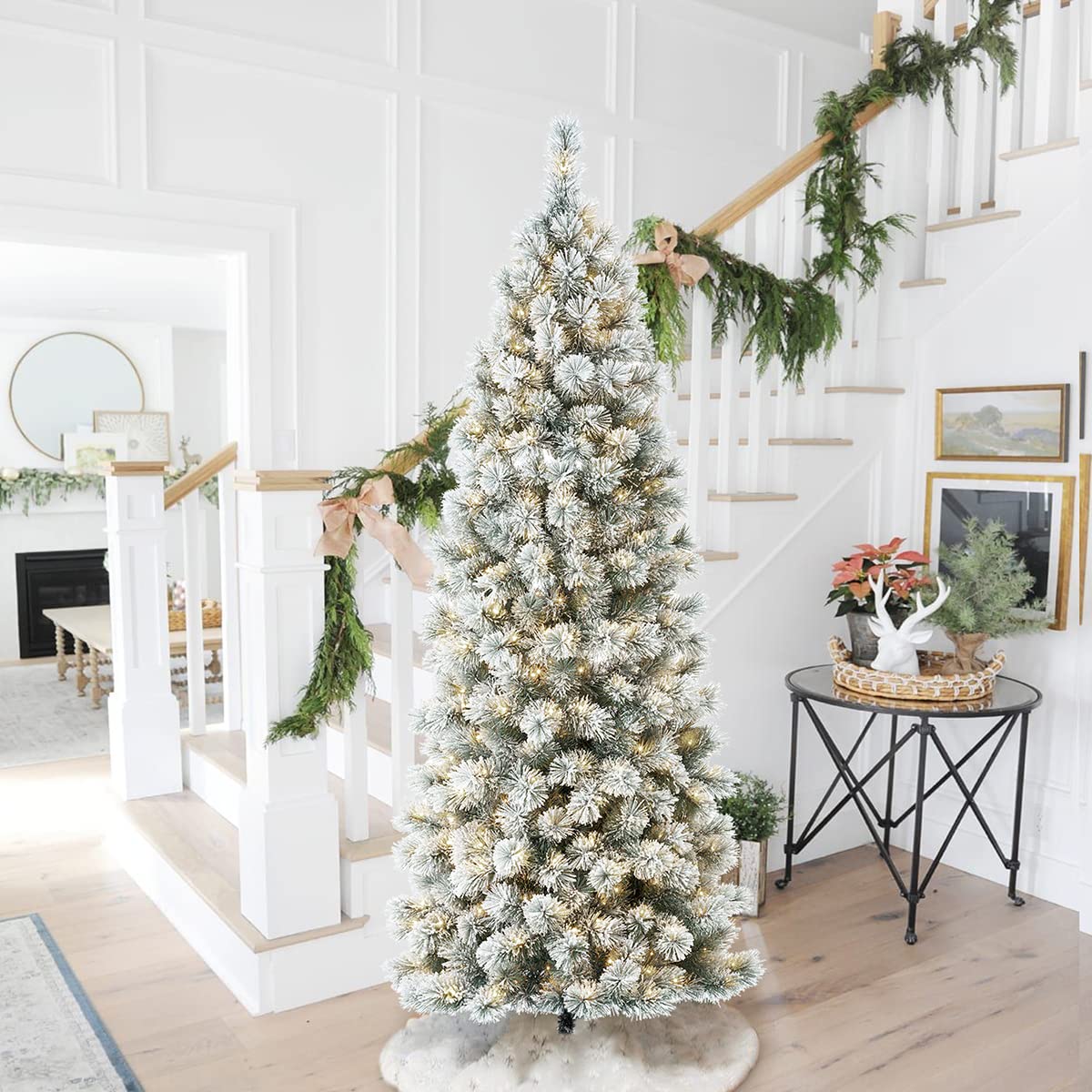 Glitzhome 7.5ft Prelit Christmas Tree, Artificial Christmas Tree with 350 Warm White Lights, Flocked Pencil Christmas Trees Chicago Frostwood Spruce with 1,211 PE&PVC Branch Tips,Sturdy Metal Stand