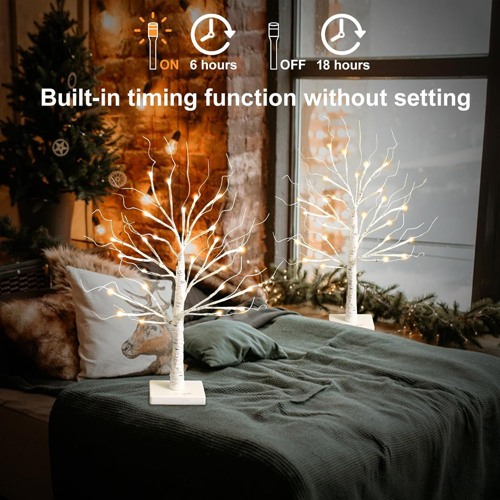 White Birch Tree with LED Lights, Lighted Birch Tree for Tabletop, USB/Battery Operated 24 LED Warm White Tree, 2FT Mini Christmas Tree Decor for Indoor Home Christmas Decorations (2 Pack, Timer)