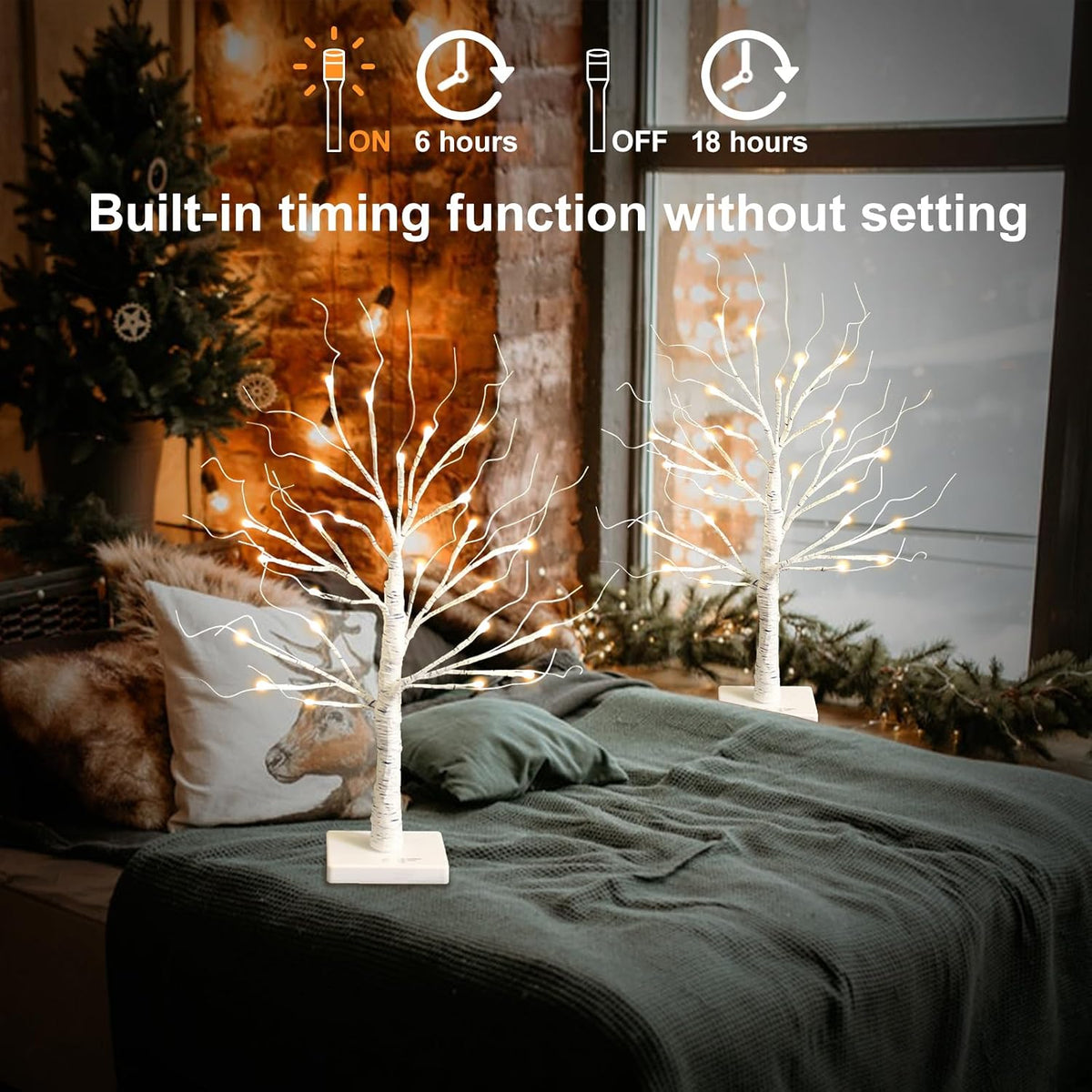 White Birch Tree with LED Lights, Lighted Birch Tree for Tabletop, USB/Battery Operated 24 LED Warm White Tree, 2FT Mini Christmas Tree Decor for Indoor Home Christmas Decorations (2 Pack, Timer)