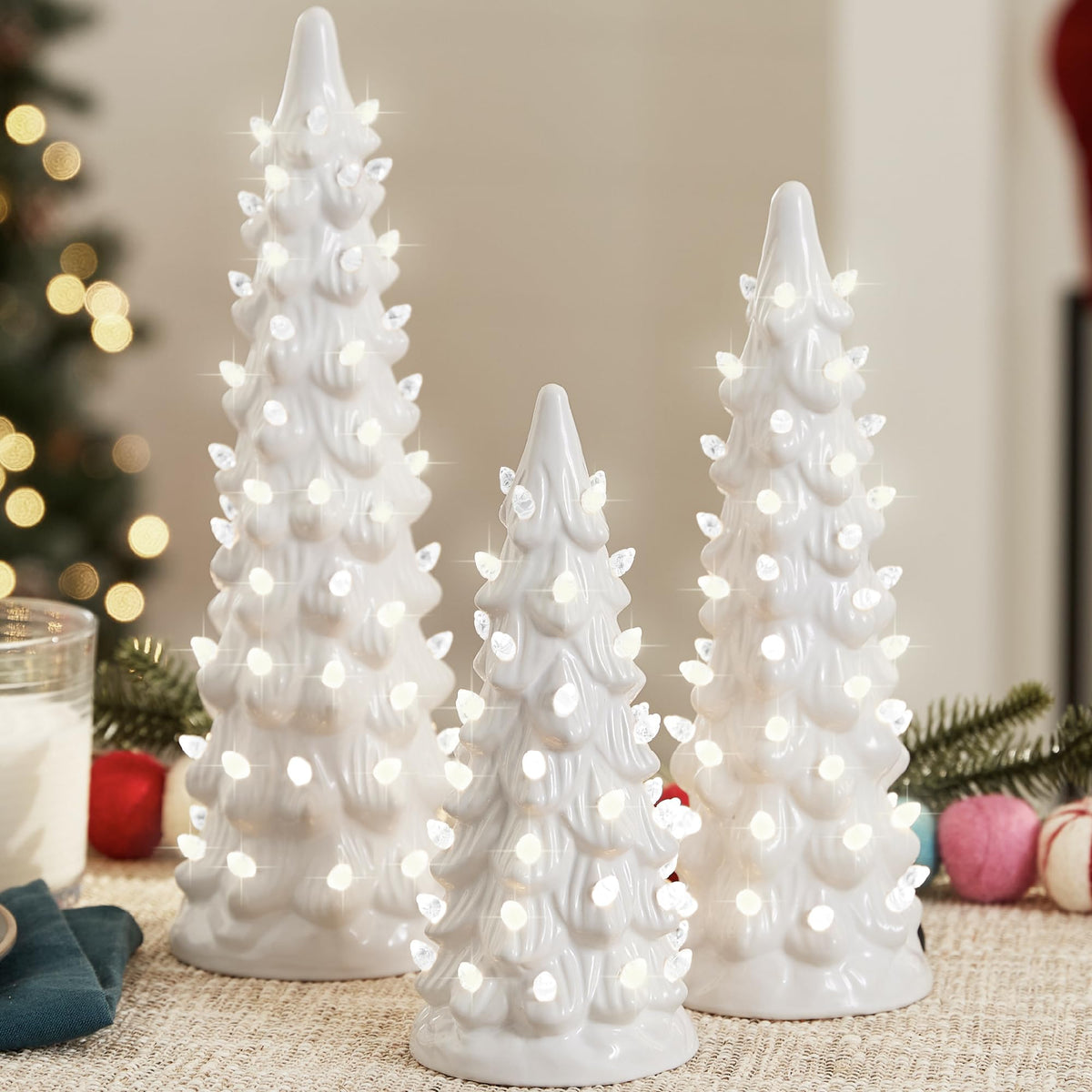 Best Choice Products Set of 3 Ceramic Christmas Trees, Pre-Lit Hand-Painted Tabletop Holiday Decoration w/Multicolor Bulbs, LED Lights – Green