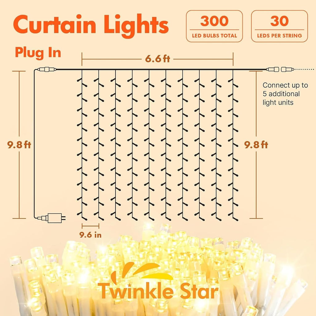 Twinkle Star 300 LED Curtain String Lights, Warm White