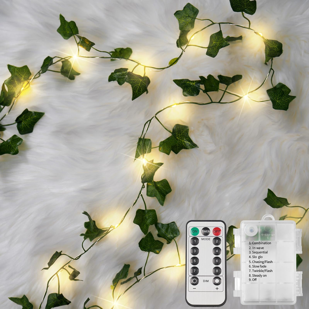 suddus 60LED Garland with White Camellia Lights Battery Operated Clear Wire