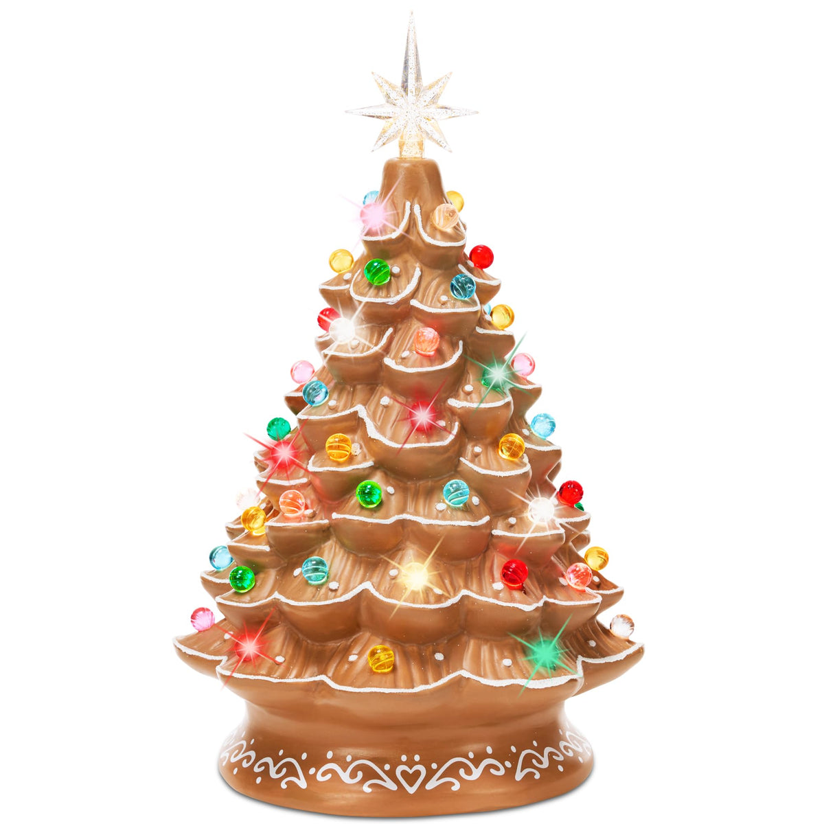 Best Choice Products 15in Ceramic Christmas Tree, Pre-lit Hand-Painted Tabletop Holiday Tree, 2 Star Toppers, 64 Lights - Gingerbread w/White Bulbs