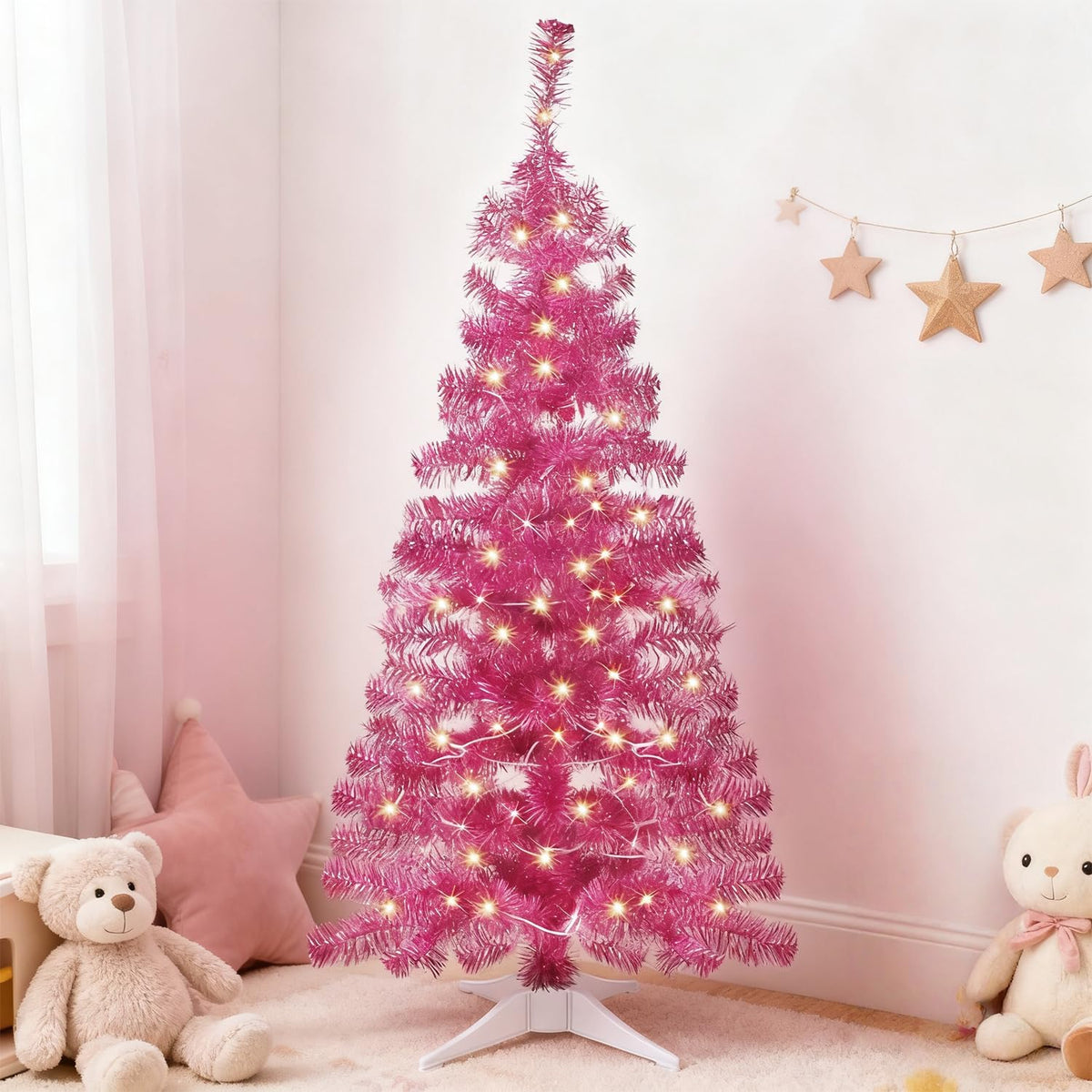 Juegoal Lighted Artificial Halloween Black Christmas Tree, 4FT Black Tinsel Pine Tree with 70 LED Purple Lights, 8 Modes & Timer for Home Party Decorations
