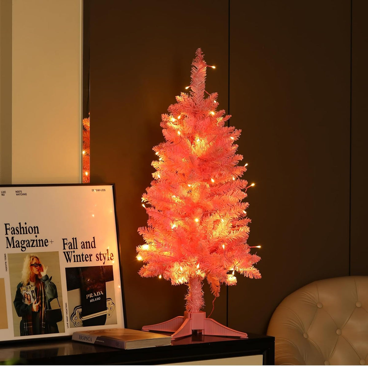 3FT Pink Mini Christmas Tree with Lights - Hinged Small Artificial Xmas Tree - Includes 50 LED String Light, 160 Tips Dense Branches & Detachable Stand - Pink Christmas Decoration Tree for Holiday