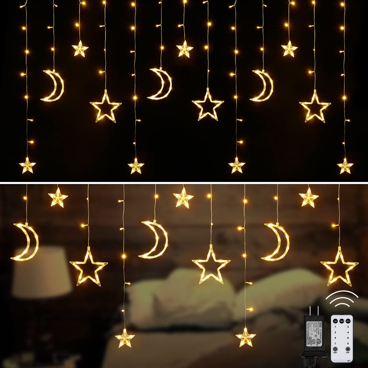 Star Curtain Lights for Bedroom - Plug-in 9ft 138 LED Fairy Twinkle Lights with 12 Star Drops, Connectable Window Lights with Remote 8 Lighting Modes for Indoor Xmas Ramadan Decoration, Warm White