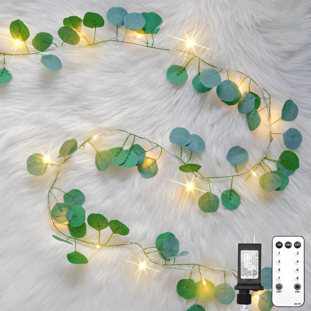 suddus 60LED Garland with White Camellia Lights Battery Operated Clear Wire