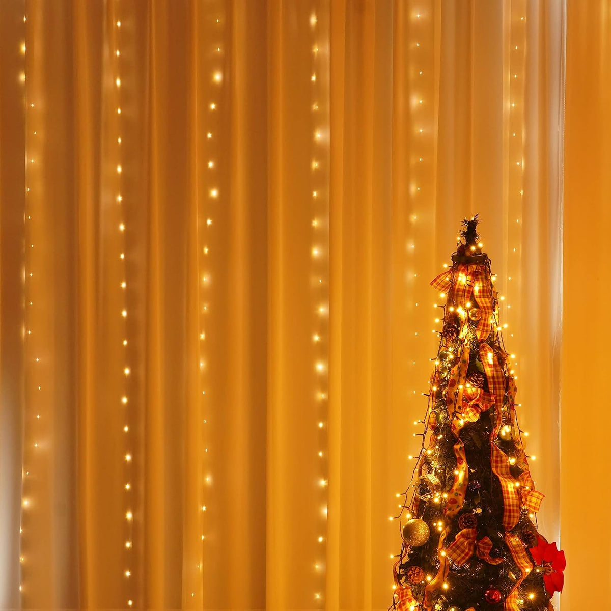 Dazzle Bright Curtain String Lights, 300 LED 9.8ft x9.8ft Warm White Fairy Lights with 8 Lighting Modes, Waterproof Lights for Bedroom Christmas Party Wedding Home Garden Wall Decor