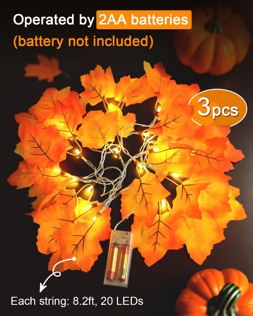 Luditek Fall Decor 3-Pack Fall Garland with Lights, Total 24.6ft 60LED