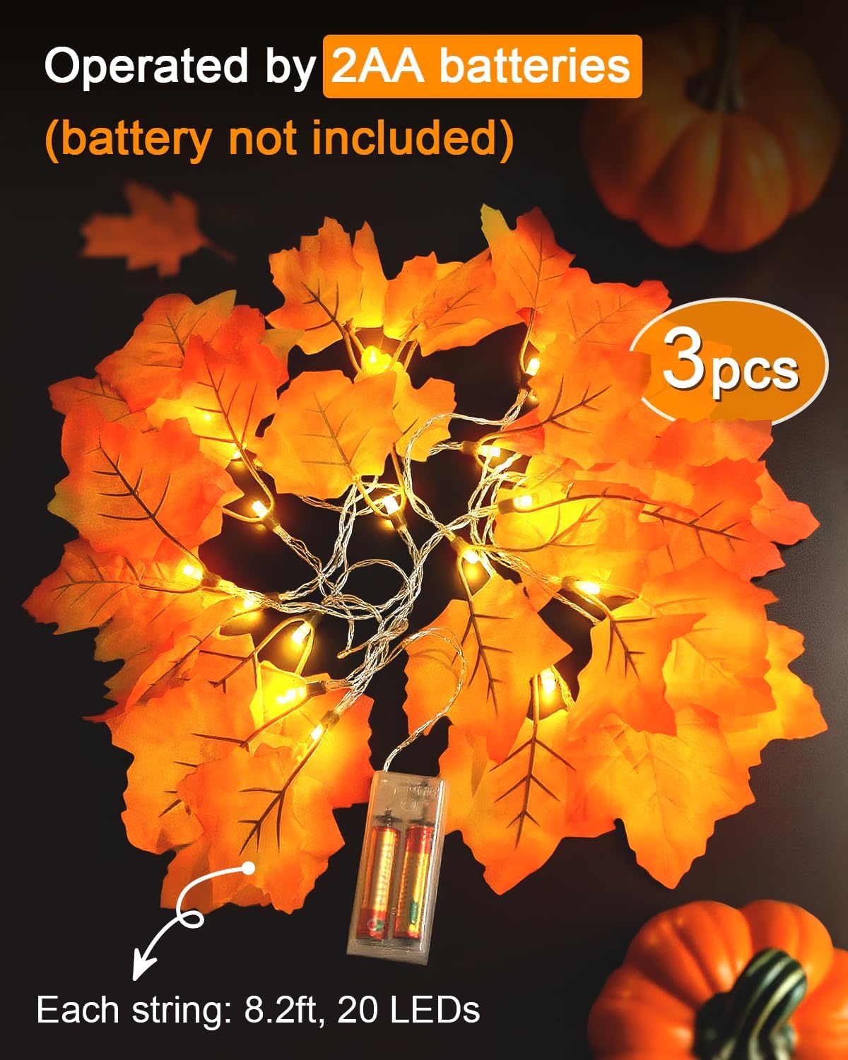 Luditek Fall Decor 3-Pack Fall Garland with Lights, Total 24.6ft 60LED