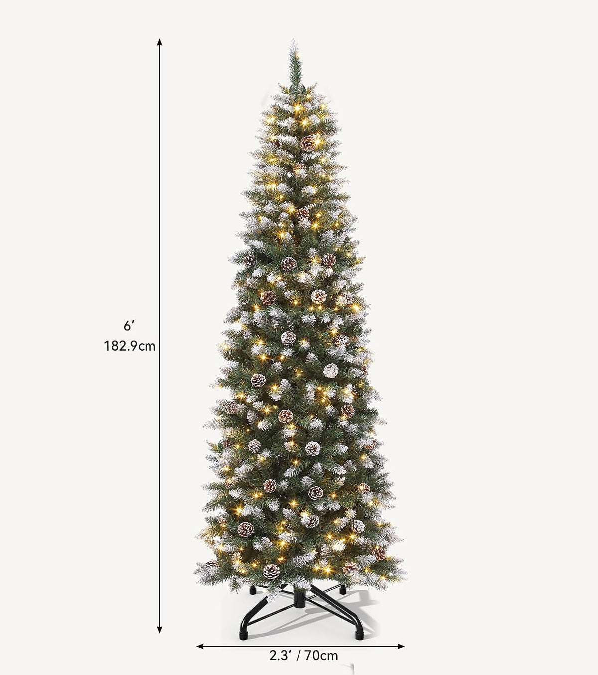 DWVO 6ft Pre-lit Artificial Christmas Tree, Slim Partial Snowy Pencil Kingswood Fir Christmas Trees with 50 Pine Cones, 618 Branch Tips & 250 UL Listed Lights with Remote Control for Home Party