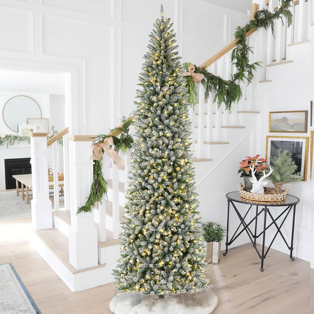 Glitzhome 7.5ft Prelit Christmas Tree, Artificial Christmas Tree with 350 Warm White Lights, Flocked Pencil Christmas Trees Chicago Frostwood Spruce with 1,211 PE&PVC Branch Tips,Sturdy Metal Stand