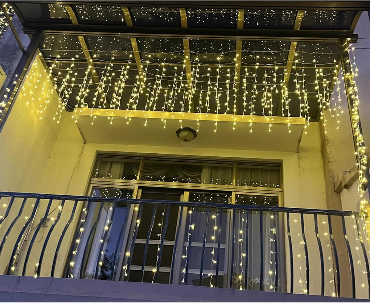 Icicle Lights, 16.4 FT 120 LED 8 Modes, Fairy Hanging Ceiling Twinkle Connectable Waterfall String Lights for Indoor Christmas Eaves Balcony Business Outdoor Decor, Warm White, 5M06