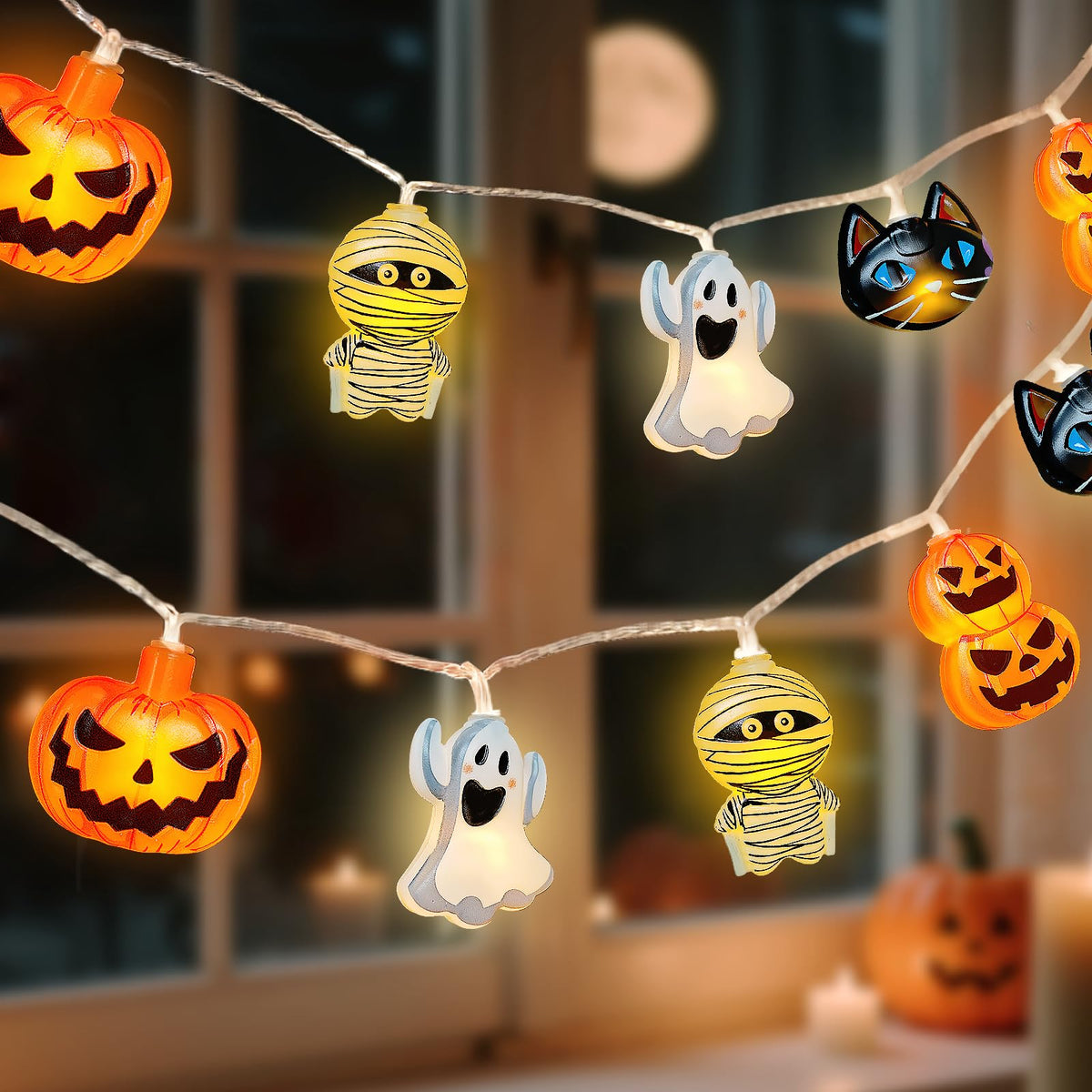 Halloween String Lights Indoor: 9.84 FT 20 LED Battery Operated Pumpkin Ghost Cat Lighted Decorations – 8 Modes Waterproof Timer for Window Porch House Room Bedroom Party Decor