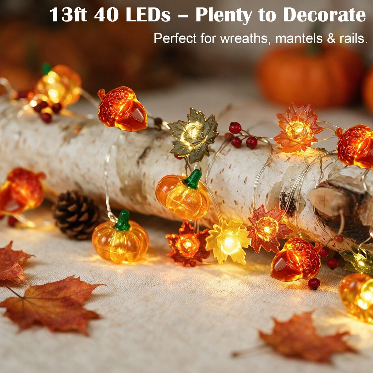 BOHON Thanksgiving Decoration 30 LEDs Acorn 3D Pumpkin Leaf String Lights