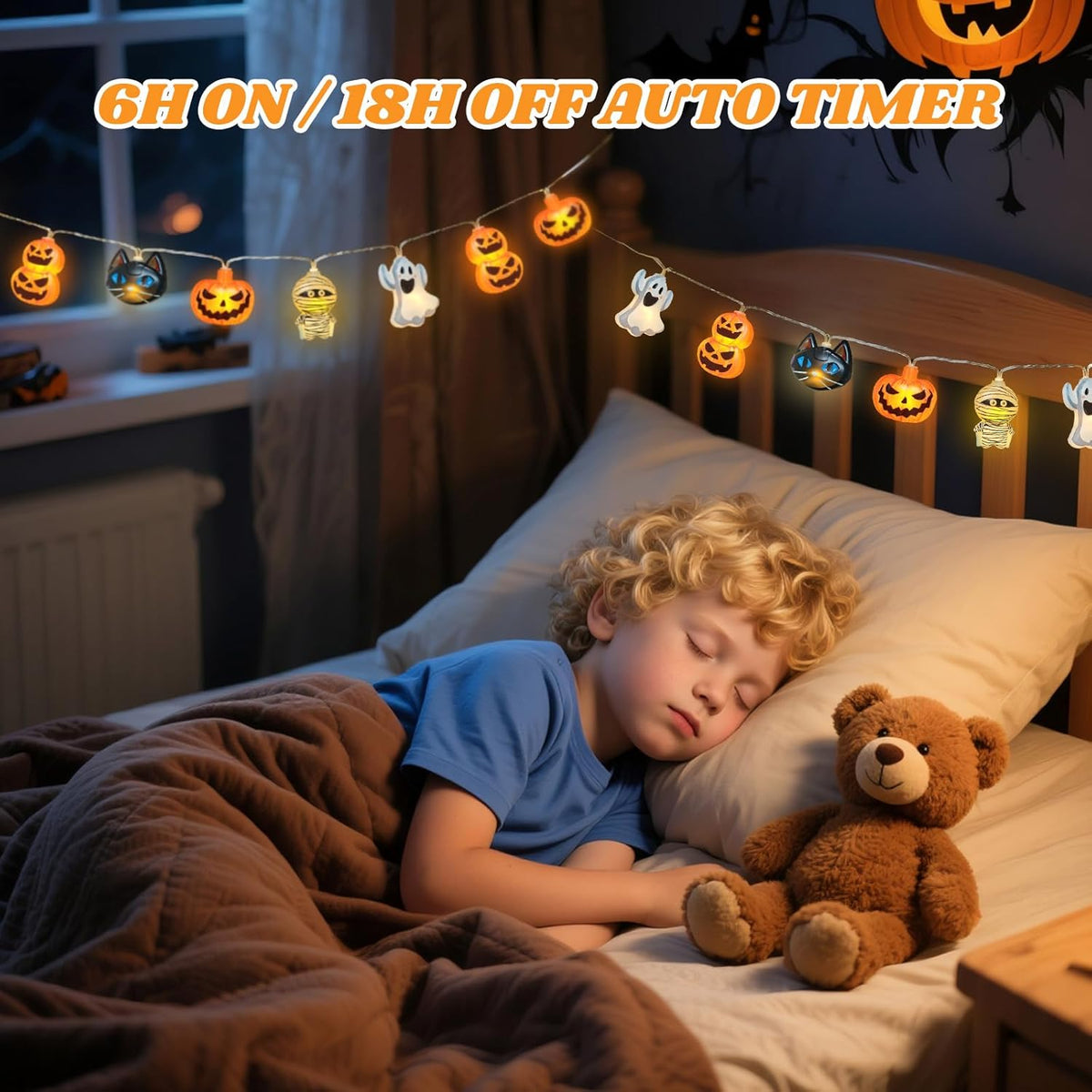 Halloween String Lights Indoor: 9.84 FT 20 LED Battery Operated Pumpkin Ghost Cat Lighted Decorations – 8 Modes Waterproof Timer for Window Porch House Room Bedroom Party Decor