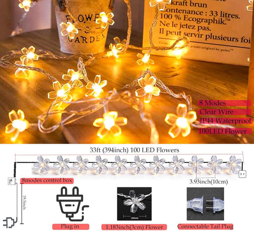 33ft 100 LED Plug in Glow Warm Fairy Flower String Lights Christmas Decor