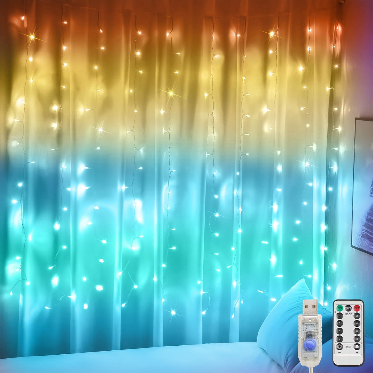 suddus 200 LED Curtain Lights Fairy Lights with Remote Bedroom 6.5x6.5ft