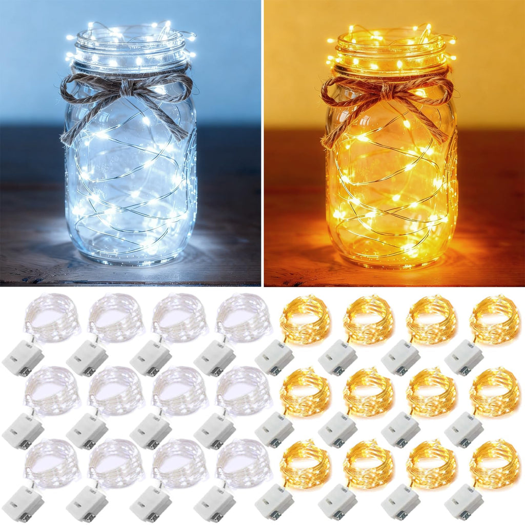 24 Pack Fairy Lights Battery Operated [3 Modes] 7ft 20 LED Mini Twinkle String Lights Waterproof Silver Wire Firefly Starry Lights for Wedding Party Mason Jars Christmas Decorations, Warm White