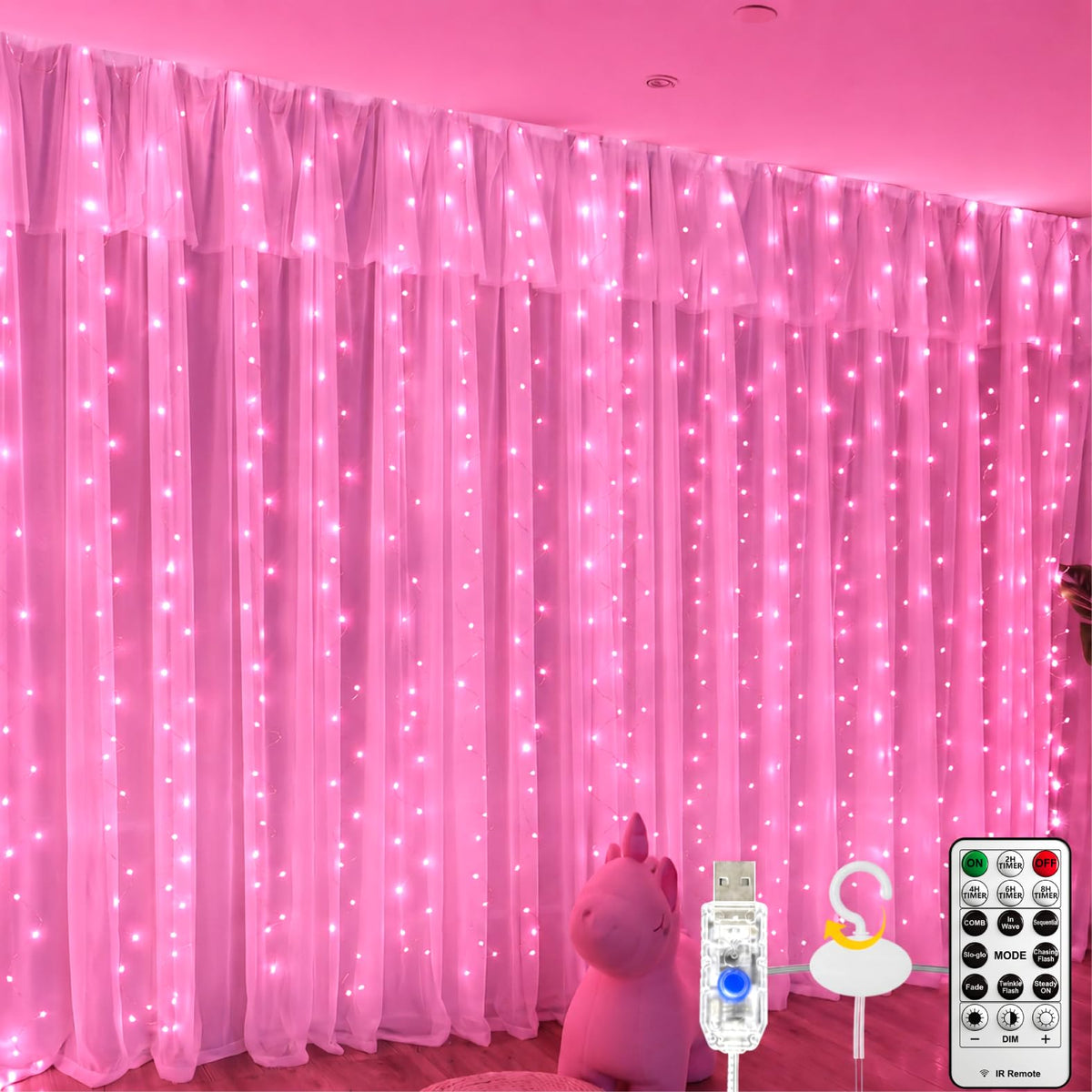 Fairy Curtain Light, 300LED 9.8x9.8ft, Remote & 8 Modes, USB
