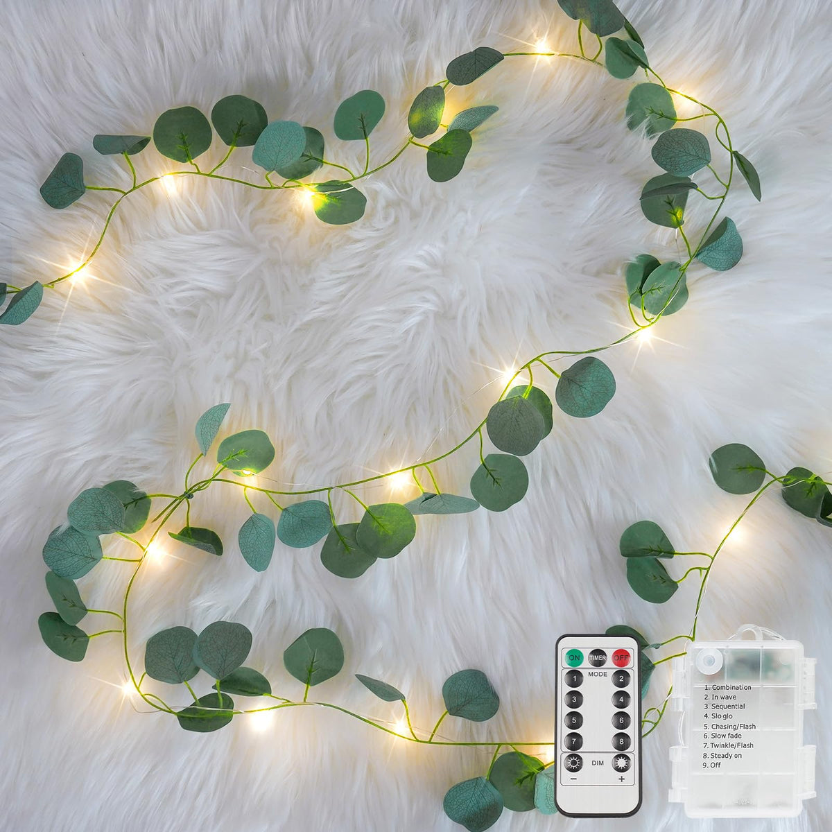 suddus 60LED Garland with White Camellia Lights Battery Operated Clear Wire