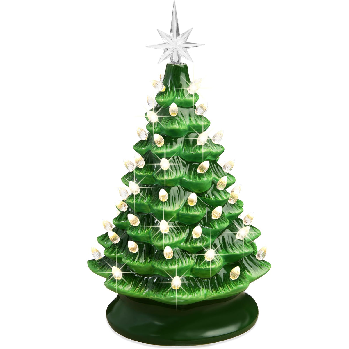 Best Choice Products 15in Ceramic Christmas Tree, Pre-lit Hand-Painted Tabletop Holiday Tree, 2 Star Toppers, 64 Lights - Gingerbread w/White Bulbs
