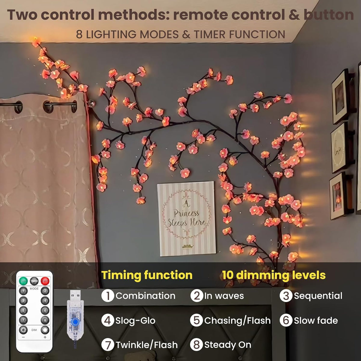 Cherry LED Tree Branch Lights for Wall, Cherry Blossom Willow Vine Twig Decor Garland with 48 LED Lights and Remote,8 Lighting Modes,Christmas Decorations Indoor for Home Wall Door Window (47inch)