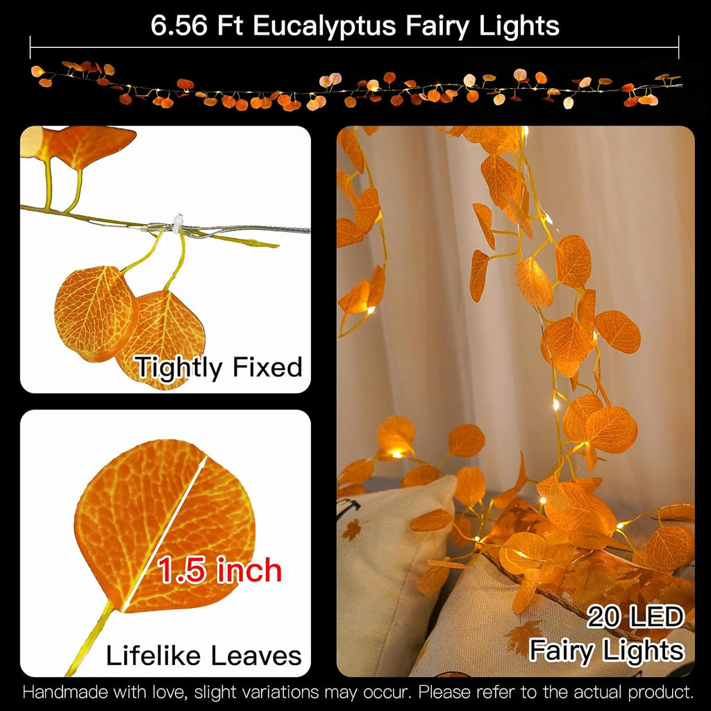suddus Fake Vines with Eucalyptus Leaf String Lights, 6.56ft 20 LED Fairy Lights with Timer, Fall Garland Lights Battery Operated for Bedroom, Wall, Party, Garden, Harvest, Thanksgiving Decor