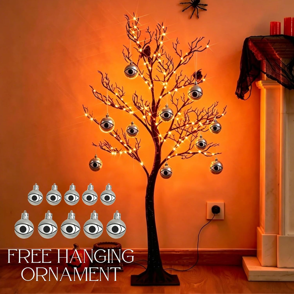 Hairui Lighted Halloween Tree with 150 Orange Fairy Lights 4FT, Spooky Black Tree Lights Plug in for Indoor Outdoor Home Halloween Party Decoration