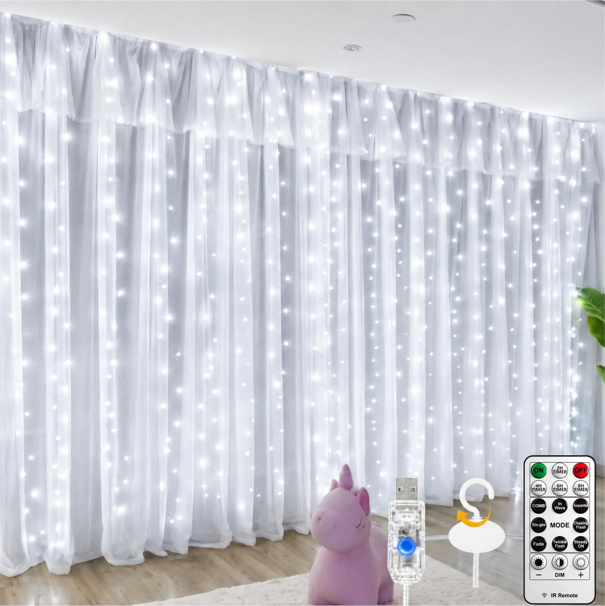 Fairy Curtain Light, 300LED 9.8x9.8ft, Remote & 8 Modes, USB