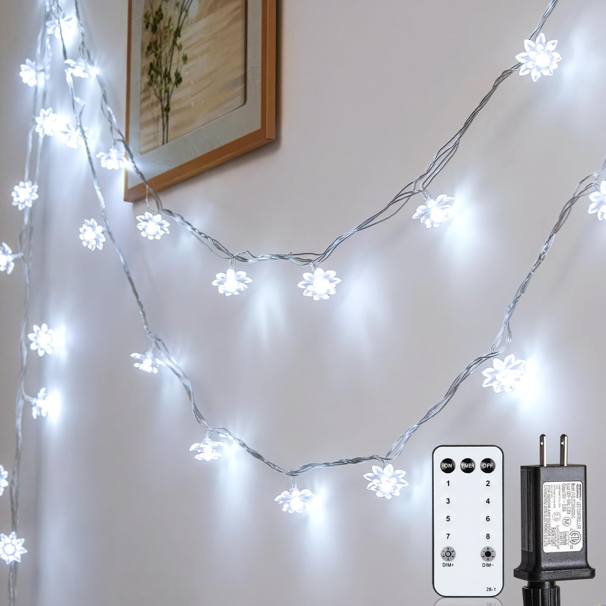 JOLYMOLY 59 Ft 100 LED Flower Fairy Lights with Remote Timer, Plug in Connectable Twinkle Lights with Soft Flowers for Bedroom Wedding Dorm Indoor Outdoor Decor, Warm White