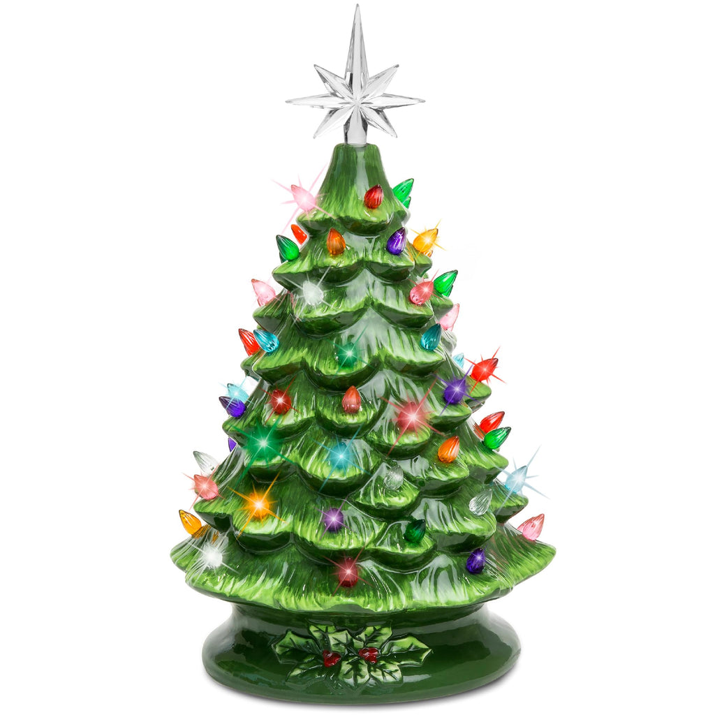 Best Choice Products 15in Ceramic Christmas Tree, Pre-lit Hand-Painted Tabletop Holiday Tree, 2 Star Toppers, 64 Lights - Gingerbread w/White Bulbs