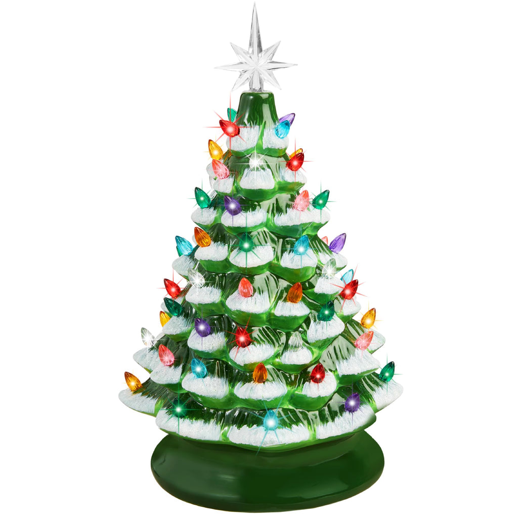 Best Choice Products 15in Ceramic Christmas Tree, Pre-lit Hand-Painted Tabletop Holiday Tree, 2 Star Toppers, 64 Lights - Gingerbread w/White Bulbs