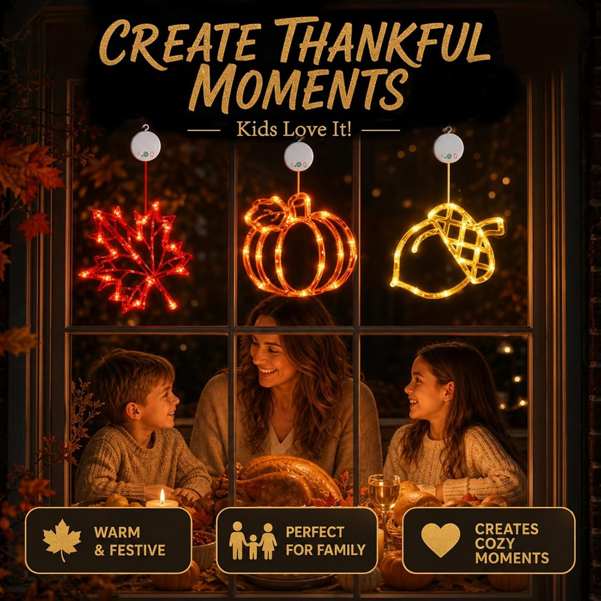 LOLStar Acorn Maple Leaves Pumpkin Thanksgiving Lights, 3 Pack Rechargeable