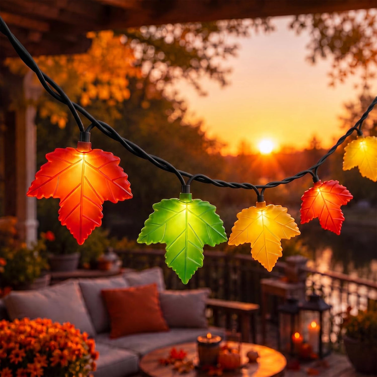Oviejo Thanksgiving Day Tricolor Maple Leaf String Light with 10 LED Bulbs, 8.5Ft Plug in Multi-Color Fall Lights for Autumn Thanksgiving Day Halloween Christmas Home Decor, Black Wire