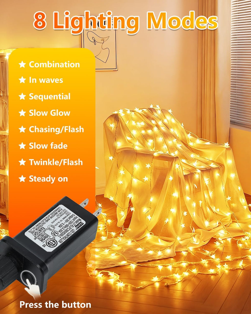 Twinkle Star 100 LED Star String Lights Plug in 33FT, Warm White