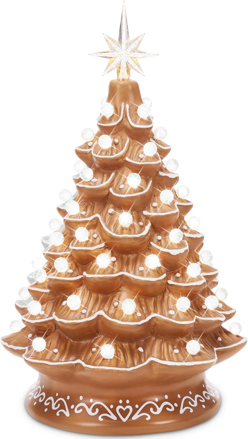 Best Choice Products 15in Ceramic Christmas Tree, Pre-lit Hand-Painted Tabletop Holiday Tree, 2 Star Toppers, 64 Lights - Gingerbread w/White Bulbs