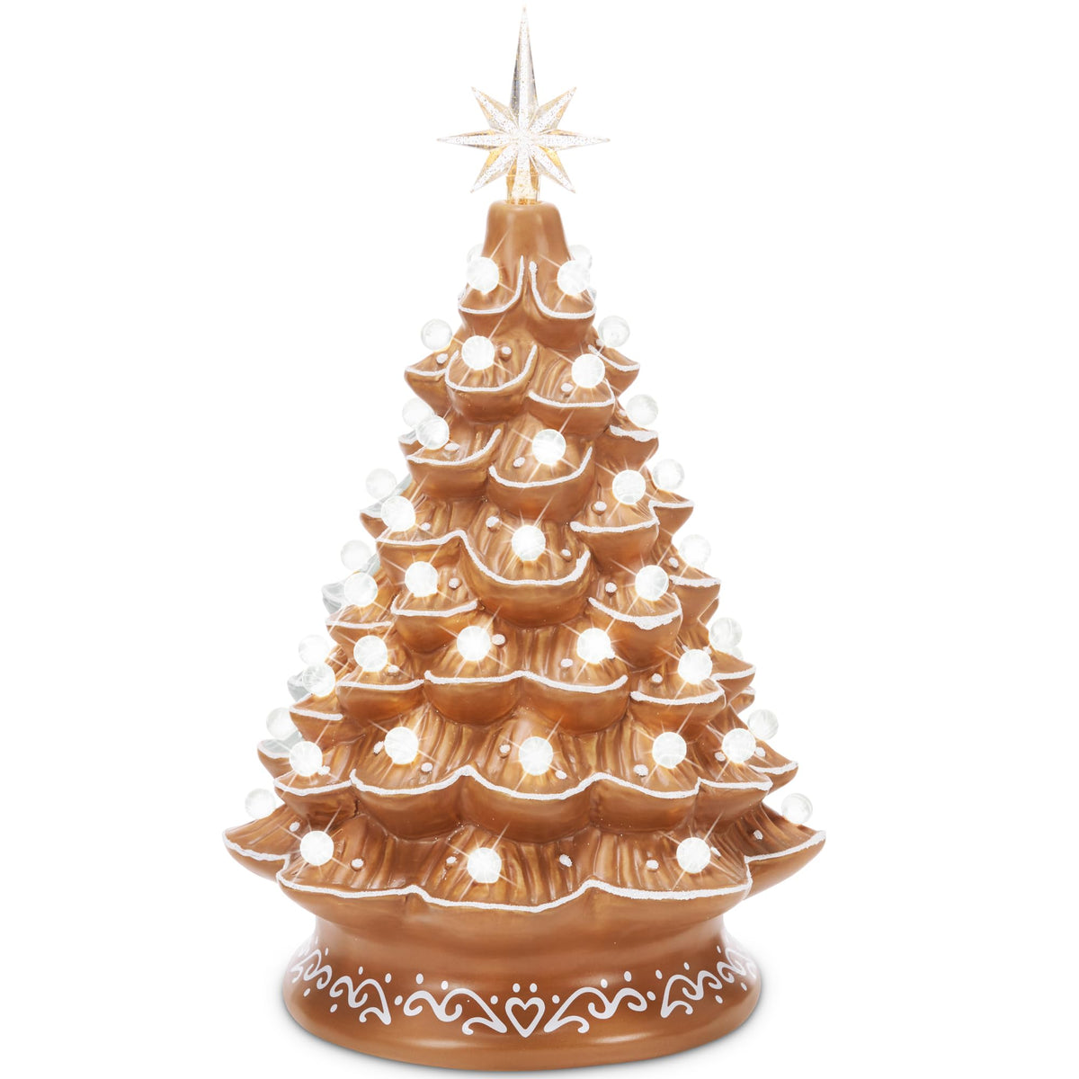 Best Choice Products 15in Ceramic Christmas Tree, Pre-lit Hand-Painted Tabletop Holiday Tree, 2 Star Toppers, 64 Lights - Gingerbread w/White Bulbs