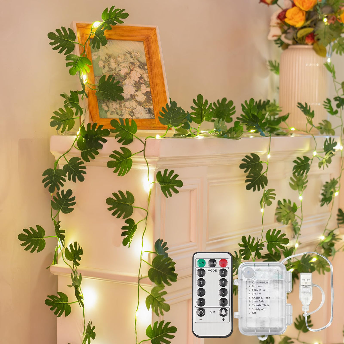 suddus 60LED Garland with White Camellia Lights Battery Operated Clear Wire