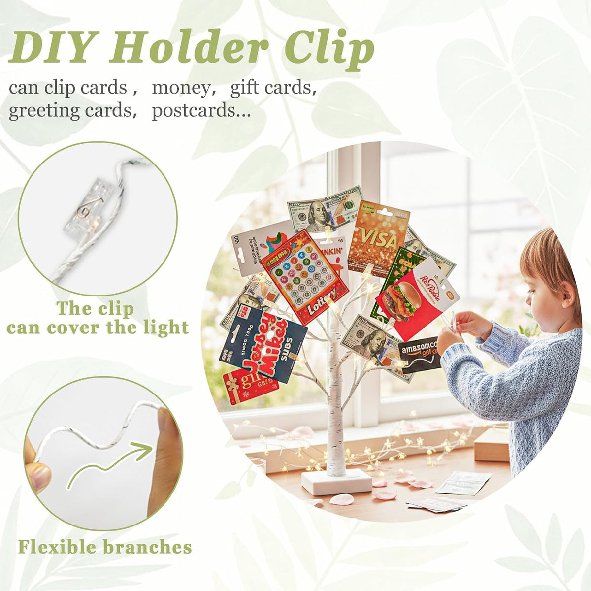 Vanthylit Money Tree Gift Holder, Lighted Tabletop Birch Tree with Clips and Greeting Cards, Photo Decorations for Birthday Wedding Christmas Graduation Gifts(24 LED Warm White)