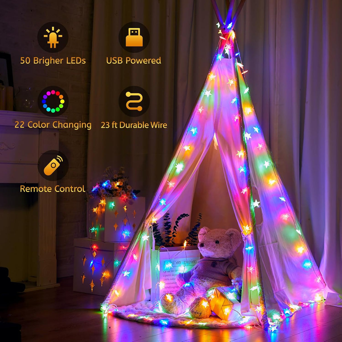 Minetom 23ft Star String Lights for Bedroom, 50LED USB Fairy Lights Indoor