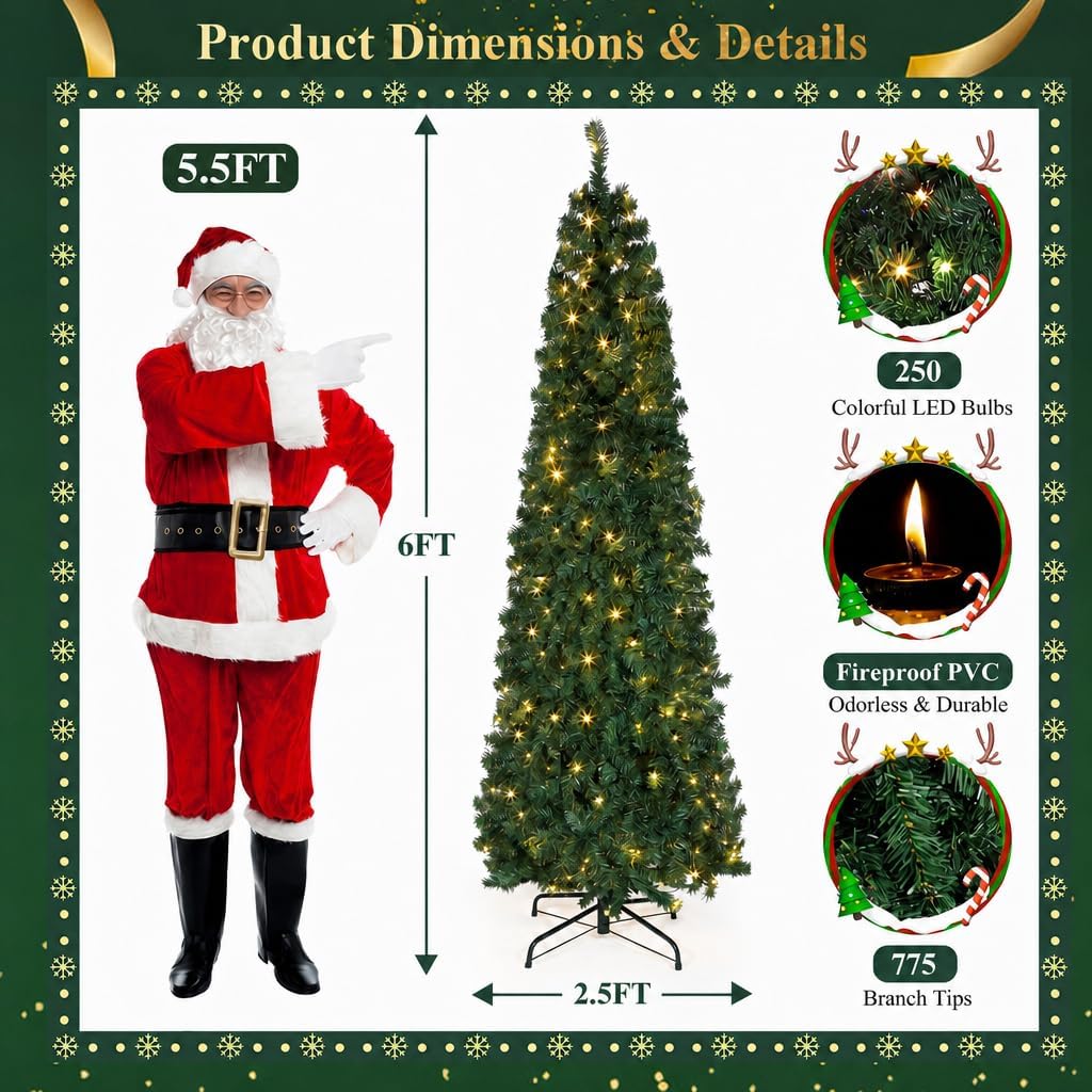 okicoler Christmas Tree, 6ft Pre-Lit Slim Pencil Fir Tree, 775 Branch Tips with 250 Multicolor LED Lights & 11 Lighting Modes, Metal Hinges, White Holiday Decoration for Corner