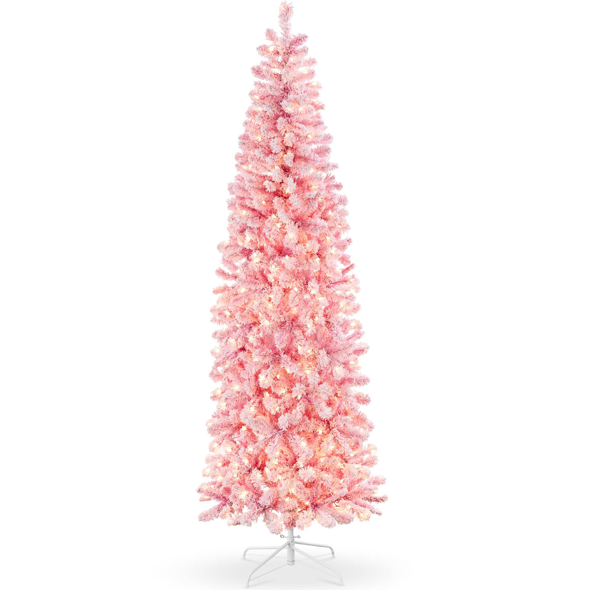 Best Choice Products 6ft Flocked Pencil Christmas Tree w/Twinkling LEDs, Pre-Lit Slim Artificial Holiday Decoration, Lighted Skinny w/Base, 250 Lights, 502 Tips, Warm White Lights