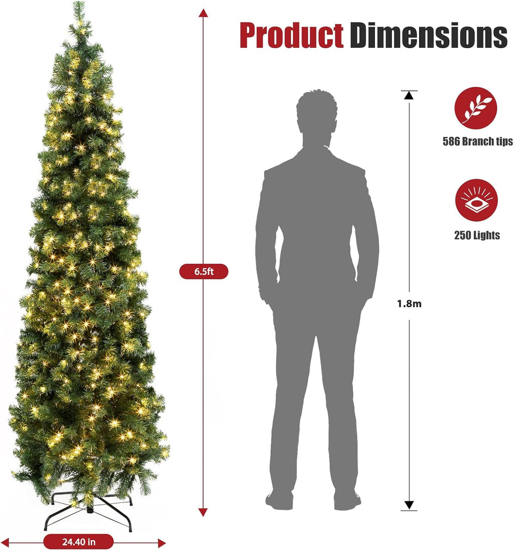 Okicoler Pre-Lit Pencil Artificial Holiday Slim Christmas Tree with Warm Lights and Metal Base Stand for Home, Office, Party Decoration,Green (6.5ft)