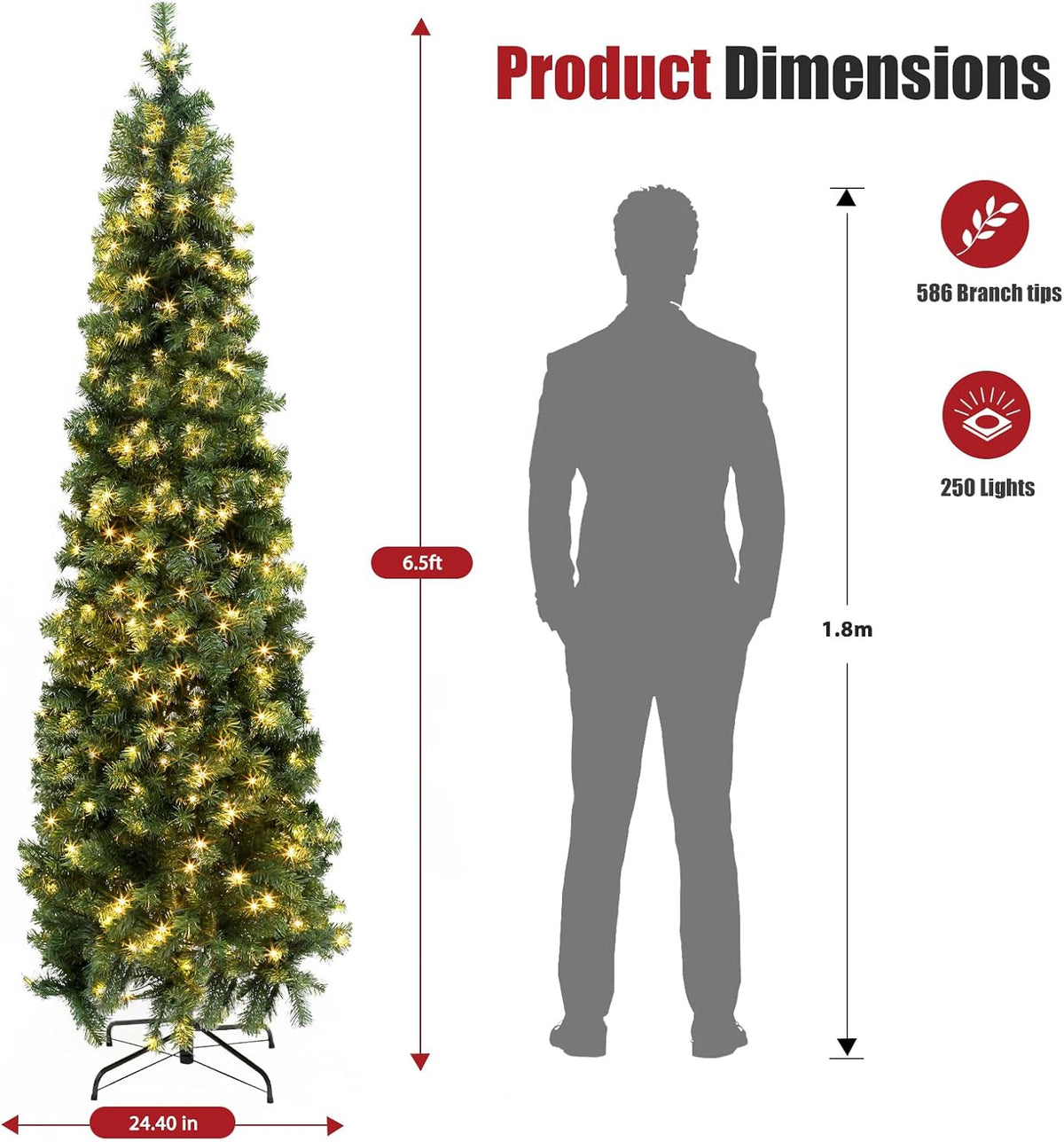 Okicoler Pre-Lit Pencil Artificial Holiday Slim Christmas Tree with Warm Lights and Metal Base Stand for Home, Office, Party Decoration,Green (6.5ft)