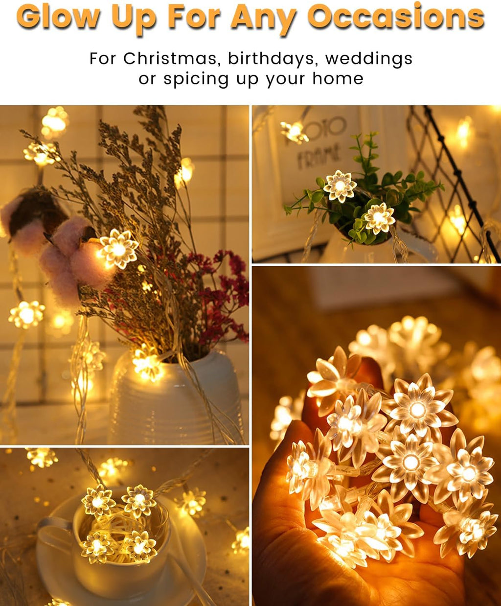JOLYMOLY 59 Ft 100 LED Flower Fairy Lights with Remote Timer, Plug in Connectable Twinkle Lights with Soft Flowers for Bedroom Wedding Dorm Indoor Outdoor Decor, Warm White