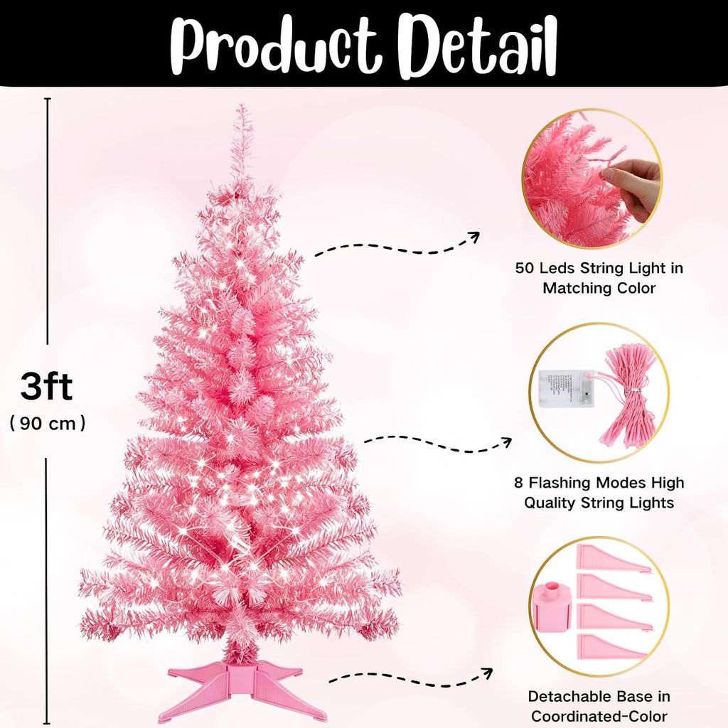 3FT Pink Mini Christmas Tree with Lights - Hinged Small Artificial Xmas Tree - Includes 50 LED String Light, 160 Tips Dense Branches & Detachable Stand - Pink Christmas Decoration Tree for Holiday